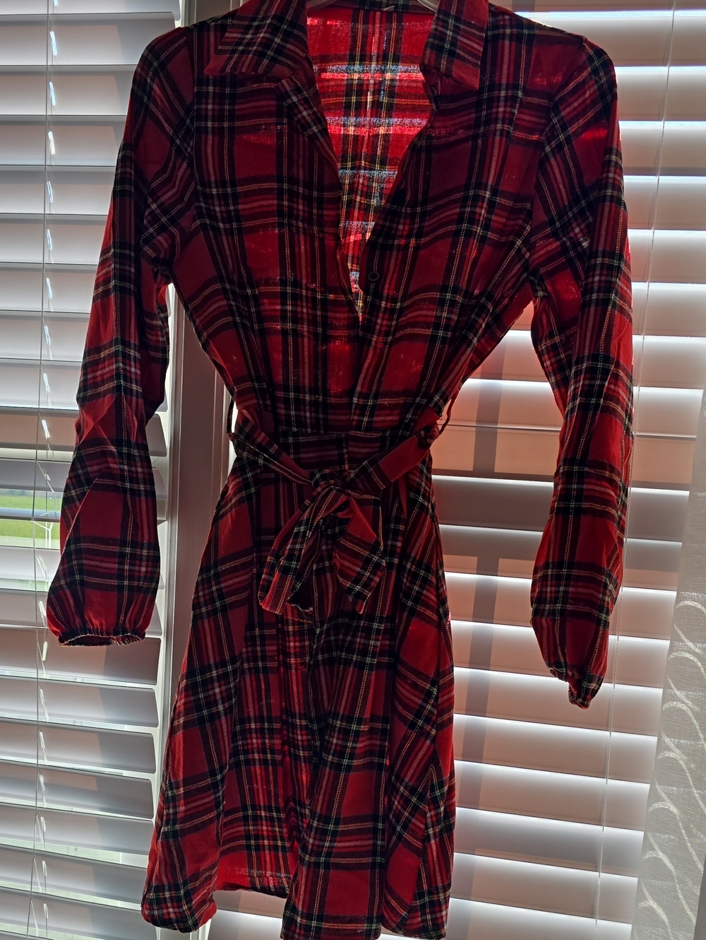 Red Plaid Shirt Dress with Tie Waist - Women's Dress